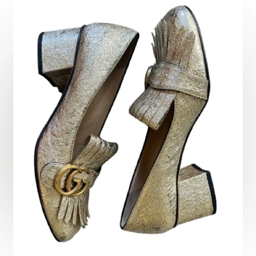 Gucci Galassia GG
Marmont Fringe Block Heel Pumps Gold Leather Foil Size 37.5 - Picture 4 of 9